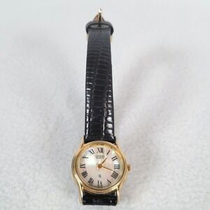 Citizen Quartz Womens Gold Tone Leather Metal Vintage Wrist Watch Black Opal